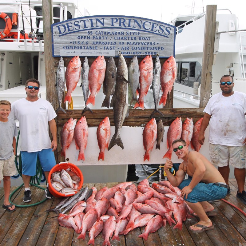A group posing near loads of fish